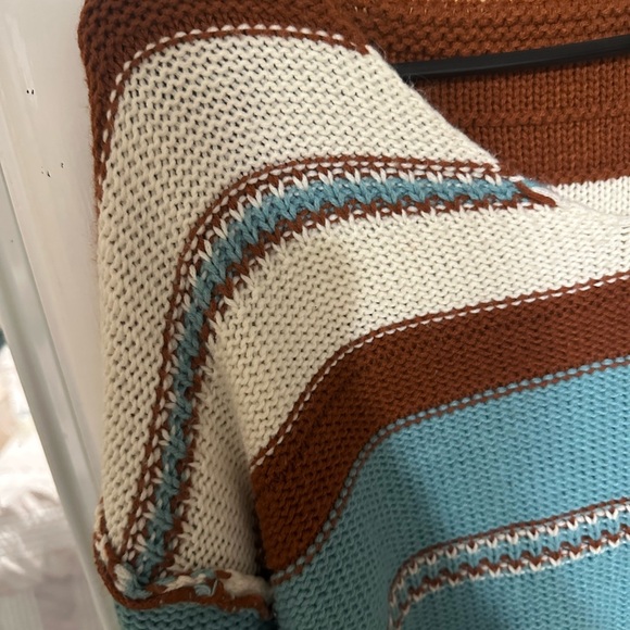 Striped V-Neck Sweater - Blue, Brown, and Cream - Picture 2 of 3